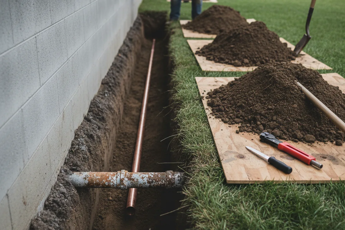 Excavated water line trench during Water Heater Repair in Cutler